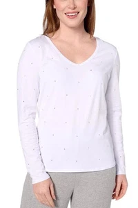 BumbleBella by Jill Martin Bejeweled V-Neck Long Sleeve Tee White XXS New - Picture 1 of 1