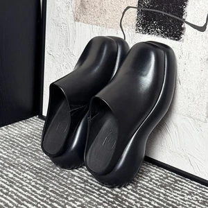 Mens Mid Platform Heel Slippers 100% Real Leather Slides Mule Sandal Dress Shoes - Picture 1 of 16