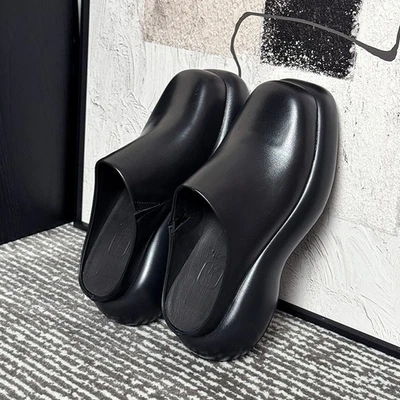 Mens Mid Platform Heel Slippers 100% Real Leather Slides Mule Sandal Dress Shoes - Image 1 of 4