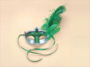 Green Glitter Half Venetian Mask With Feather Great for Mardi Gras - Picture 1 of 1