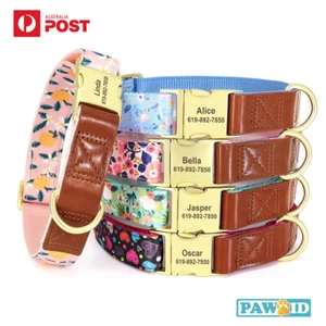 Personalized Nylon Leather Dog Collar Flower Printed Puppy Collars Free CustomID - Picture 1 of 17