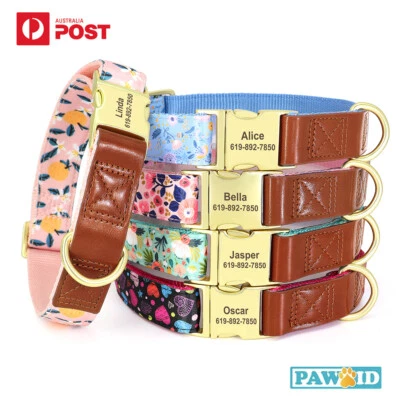 Personalized Nylon Leather Dog Collar Flower Printed Puppy Collars Free CustomID - Image 1 of 4