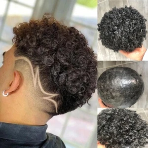 Men's Curly Wig Thin Skin Toupee For Black Men Hair Replacement System 15mm Curl - Picture 1 of 6