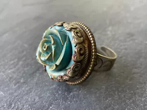 BIG Aqua Blue Flower Stretch Ring Silver Tone Handmade Artisan Vintage Statement - Picture 1 of 9