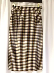 Aquascutum Skirt Lined Classic Check Straight Pencil Brown Blue UK 6 US 4 Smart - Picture 1 of 7