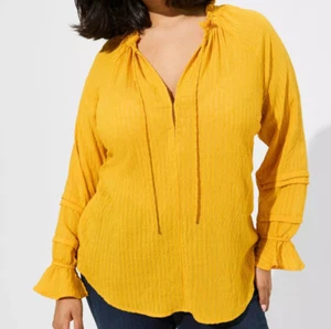 Torrid Stripe Gauze Lace Up Peasant Tunic Top Womens 1X 14-16 Yellow Long Sleeve - Picture 1 of 15