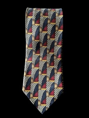 Corbata Louis Roth 100 % seda hecha a mano geométrica gris rojo azul amarillo 4” W x 60” L usada en excelente estado Foto 1 de 4