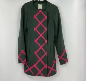 Anthropologie Elevenses Green & Hot Pink Embroidered Military Dress Coat 6 - Picture 1 of 15