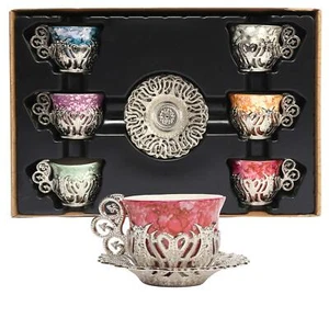 12 Pc Turkish Greek Arabic Coffee Espresso Cup Saucer Porcelain Set silver - Picture 1 of 6