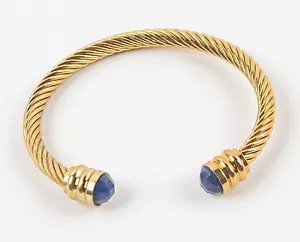 NEW - Twisted Stainless Steel Gold Cable Open Cuff Bangle Bracelet w/ blue stone - Picture 1 of 2