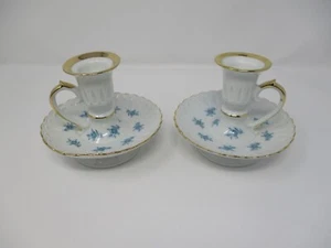 Vintage Sanbo Pair of Candlestick Holders Blue Floral Shabby Chic Gold Trim - Picture 1 of 11