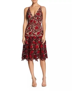 Kleid The Population Lily Floral Lace Dress Midi Rot & Nude Gr. M Neu mit Etikett - Bild 1 von 18