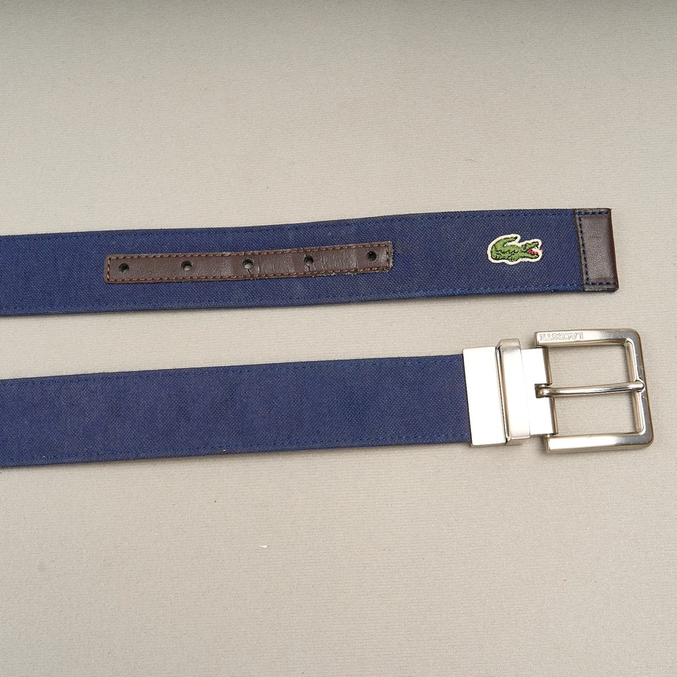 Cinturón de cuero Lacoste de lona para hombre 32 marrón marino reversible hebilla de níquel cocodrilo Foto 1 de 4