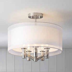 Modern Ceiling Light Semi Flush Mount Fixture Nickel Double Drum 18" for Kitchen - Picture 1 of 8