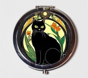 Art Nouveau Black Cat Deco Compact Mirror Make Up Pocket Mirror for Cosmetics - Picture 1 of 2