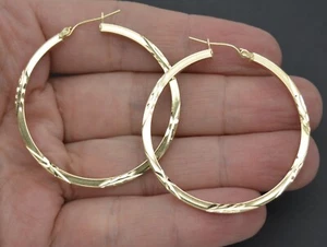 Real 10k Yellow Solid Gold Diamond Cut Shiny Big Large Hoop Earrings 45mm 3.5gr - Picture 1 of 7