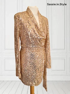 ZARA MINI VESTIDO BLAZER CORTO LENTEJUELAS DORADO ESTILO ENVOLVENTE NUEVO TALLA M - Imagen 1 de 6