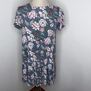 Abito Ann Taylor Loft Tg M Blu Floreale Cappuccio Manica Svasato Girocollo Linea A - Foto 1 di 6