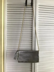 CH CAROLINA HERRERA SILVER METALLIC TASSEL CLUTCH / CROSSBODY LEATHER HANDBAG - Picture 1 of 12