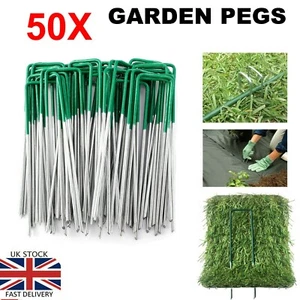 50 U PINS PEGS GREEN CHROME ARTIFICIAL GRASS TURF WEED GALVANISED METAL STAPLES  - Picture 1 of 2