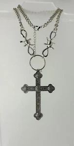 Chunky Silver Tone Barbed Wire Cross Pendant Gothic Necklace 14″ - Picture 1 of 4