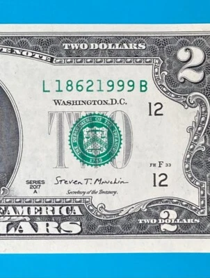 L 1862 1999 B TRAILING YEAR 1999 $2 Two Dollar Bill Serial Number 2017A *UNC* - Image 1 of 3