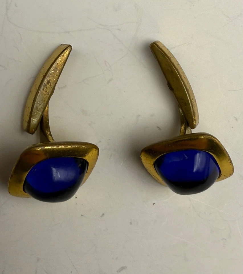 Gemelos vintage art deco sintético zafiro cristal azul tono dorado H7 Foto 1 de 4