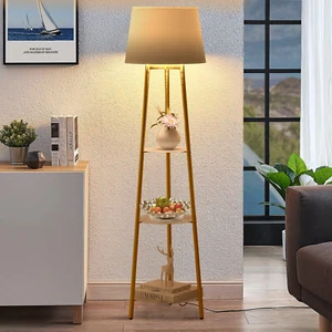 3-Tier Shelf Floor Lamp w/Shade Standing Light Open Shelves Storage Living Room - Picture 1 of 12