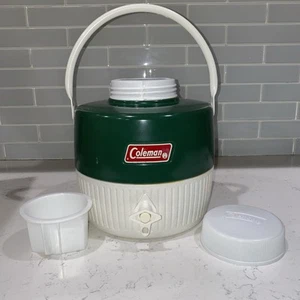 Retro 70's Coleman 1 Gallon Green & White Metal/Plastic Water Cooler Jug & Cup - Picture 1 of 10