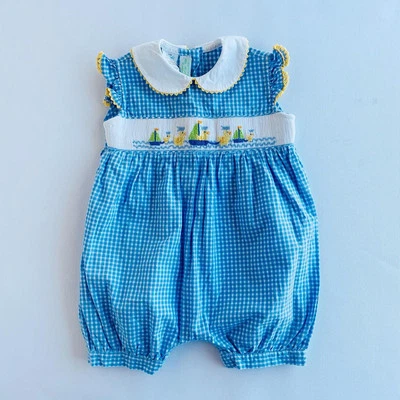 G-Vive la Fete, 6-12 Months, 0/s cotton smock short romper bubble (Sailboats) - Image 1 of 2