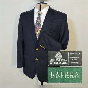 Lauren Ralph Lauren Blazer Men 42R Navy Blue Gold Buttons 100% Wool Woolmark - Picture 1 of 10