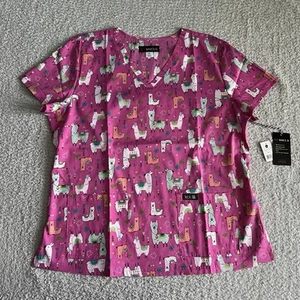 Koi Basics Scrub Top Women’s Sz XL Leslie Llama Pink Nursing Medical - Picture 1 of 11