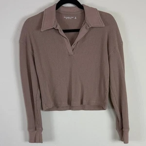 Abercrombie & Fitch Cozy AF Collared Crop Waffle Knit Long Sleeve Light Brown XS - Bild 1 von 4
