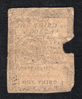 FEBRUARY 17, 1776 $1/3 ONE THIRD DOLLAR “FUGIO” CONTINENTAL CURRENCY NOTE - Image 1 of 2