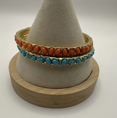 2 Kenneth Jay Lane Bangle Bracelets Turquoise & Coral Cabochon Gold Tone KJL Vtg - Image 1 of 4