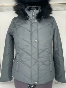Krush Girls Hooded Puffer With Faux Fur Trim Full Zip Gray Coat Jacket Size L - Picture 1 of 8