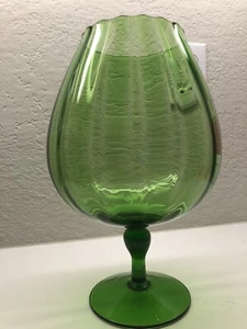 MCM Large Green Italian Empoli Optic Ribbed Art Glass Pedestal Bowl Vase Snifter - Picture 1 of 12