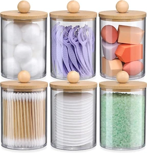 6-Pack Bamboo Qtip Holders - Bathroom Storage for Cotton Balls, Swabs, Pads, Flo - Picture 1 of 12