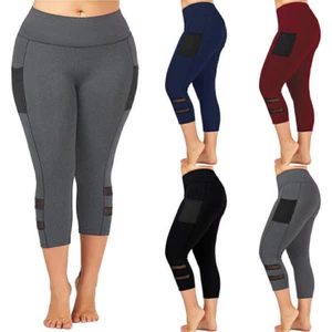 Plus Size Womens 3/4 Length Leggings Yoga Sports Gym Cropped Stretch Capri Pants - Picture 1 of 25