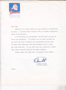 BRAVES STATIONARY SIGNED LETTER FROM DARRELL EVANS TO FAN - Picture 1 of 1