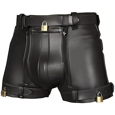 Men's Real Leather Shorts Double Rear Zip Gay Leather Chastity Shorts BLUF - Image 1 of 4