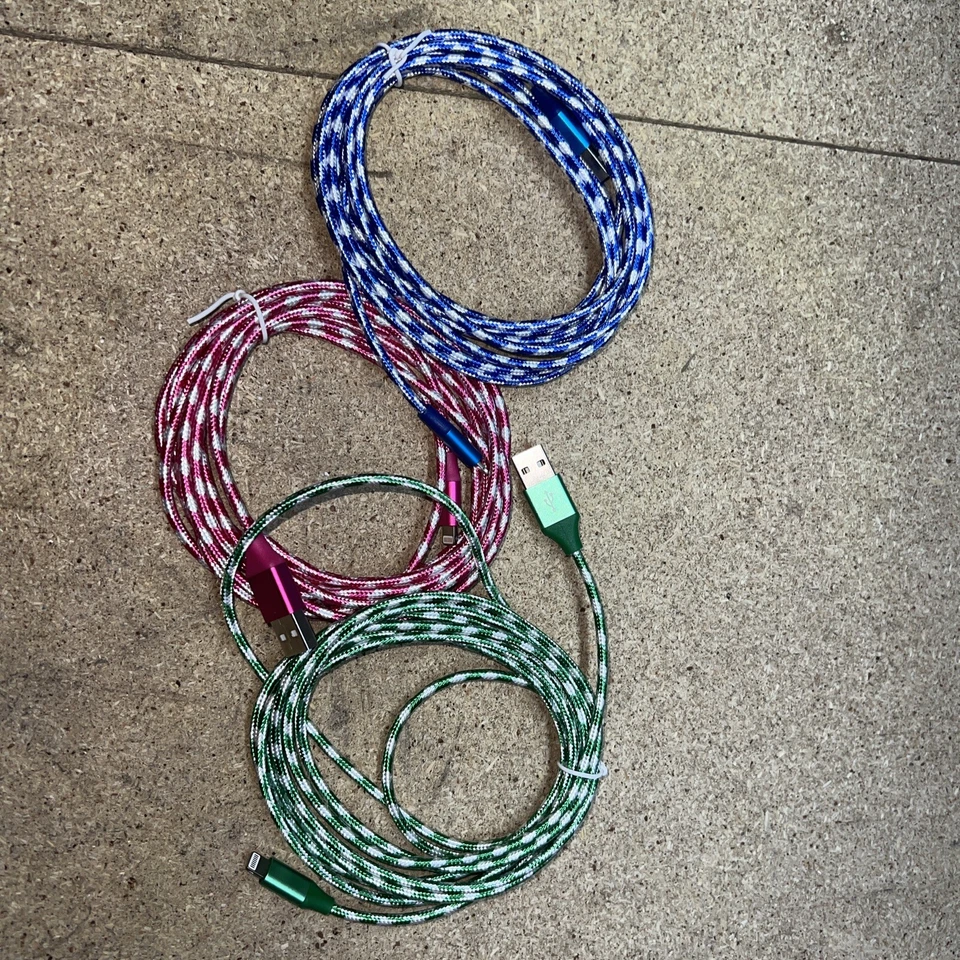 3Pack USB 10ft Charging Cables Pink/Green/Blue USB to lighting iPhone - Image 1 of 1