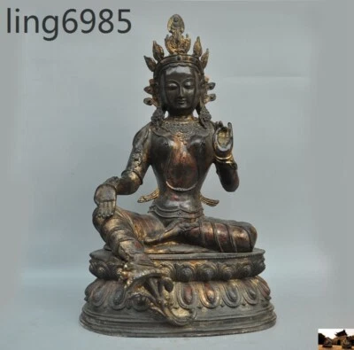 Antiguo Budismo Tíbet Bronce Dorado Verde Tara Kwan-Yin GuanYin Buda Diosa Estatua Foto 1 de 4