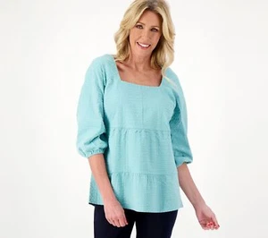 Denim & Co. Tiered Top Elastic Neckline Shirt Gulf Blue M New - Picture 1 of 1