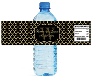 100 Gold Pattern Black Background Wedding Anniversary Shower Water bottle Labels - Picture 1 of 4