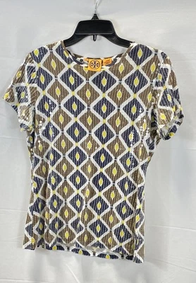 Tory Burch Women's Brown Blue Sequin Geometric Ikat Print T-Shirt Top Size M - Image 1 of 4
