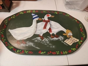 Vintage Holz Serviertablett Carolling Gänse handbemalt und Künstler initialisiert (II) - Bild 1 von 5