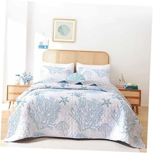 Coastal Quilts Bedding Set Queen Size - Blue Summer Nautical Bedding Quilt - Picture 1 of 7