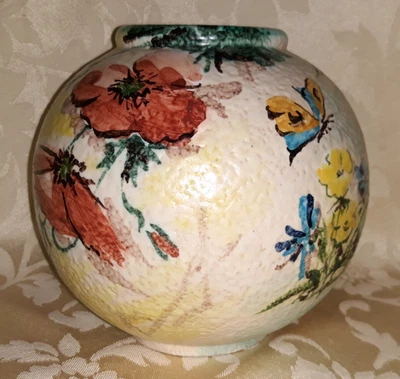 Beautiful Vintage Italian Round Textured Art Pottery Vase Butterfly, Flowers - Image 1 of 4