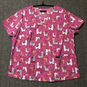 Koi Basics Leslie Women’s 2X Stretch Print Scrub Top 2 Pocket Pink Llamas 2XL - Picture 1 of 12